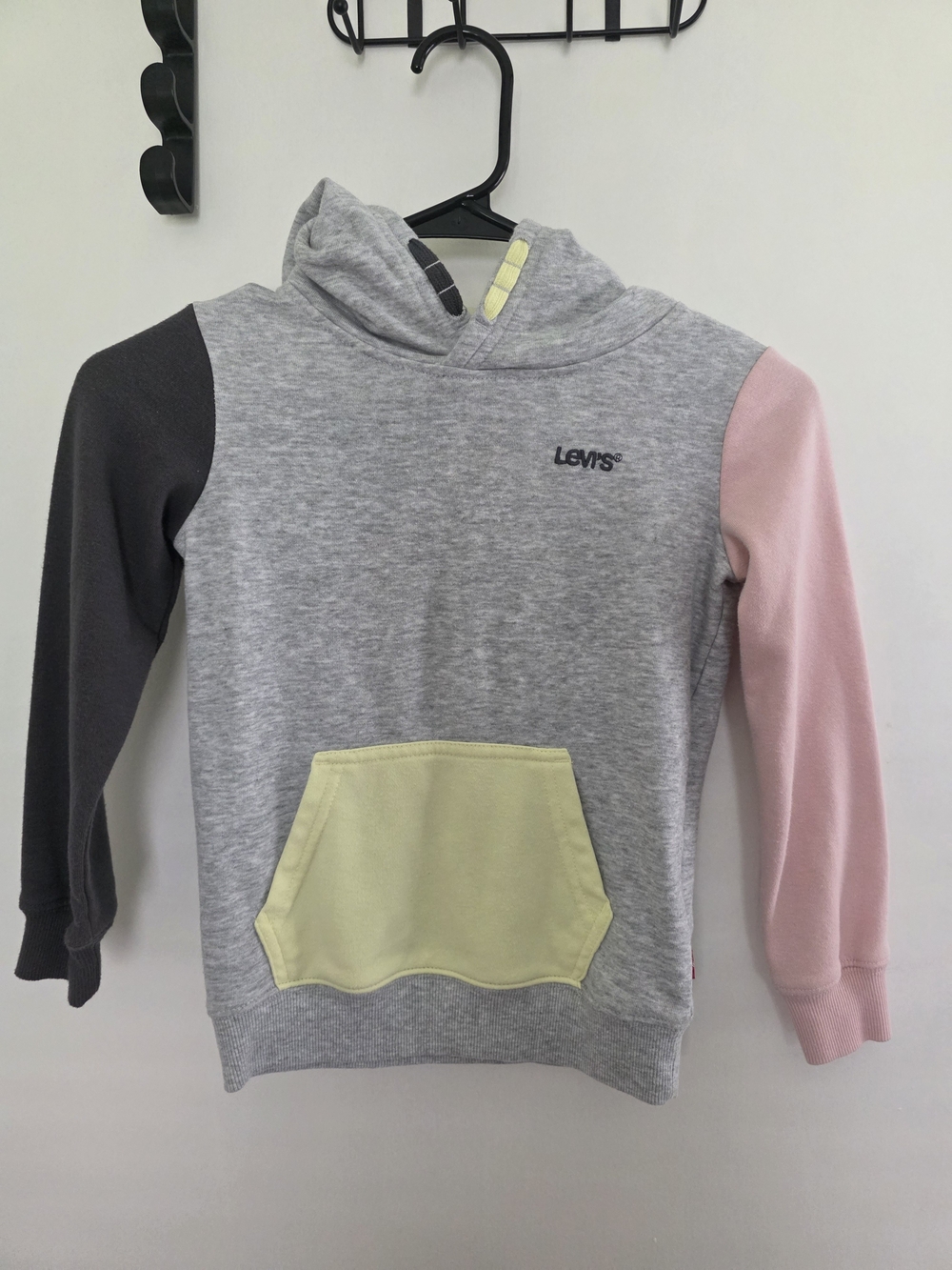 Levi's Kids Grey Hoodie with Pink & Charcoal Sleeves and Yellow Pocket